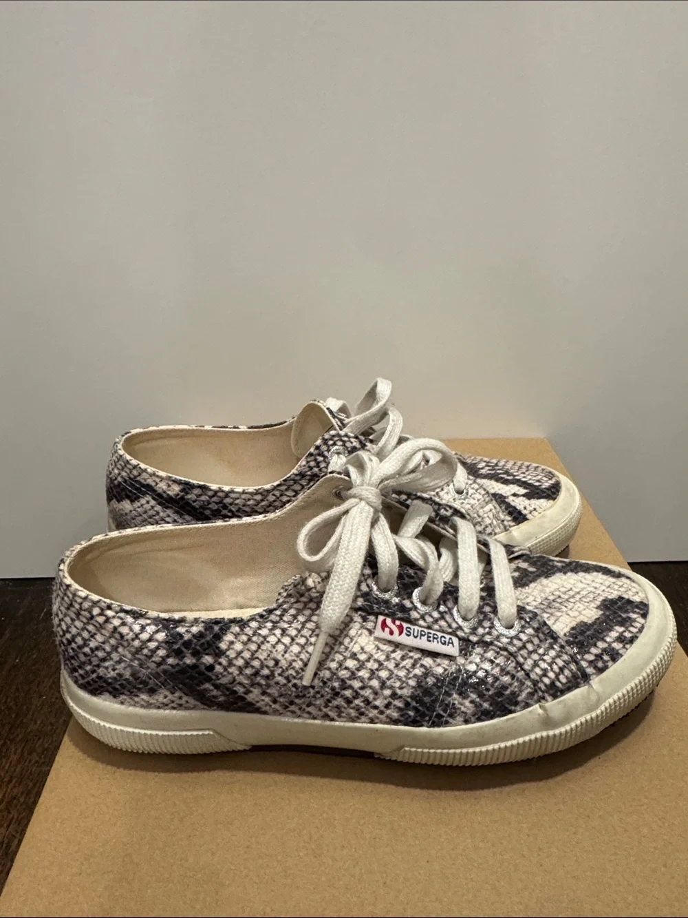 Superga Women's Snake-Print Canvas Sneakers in Cream and Black